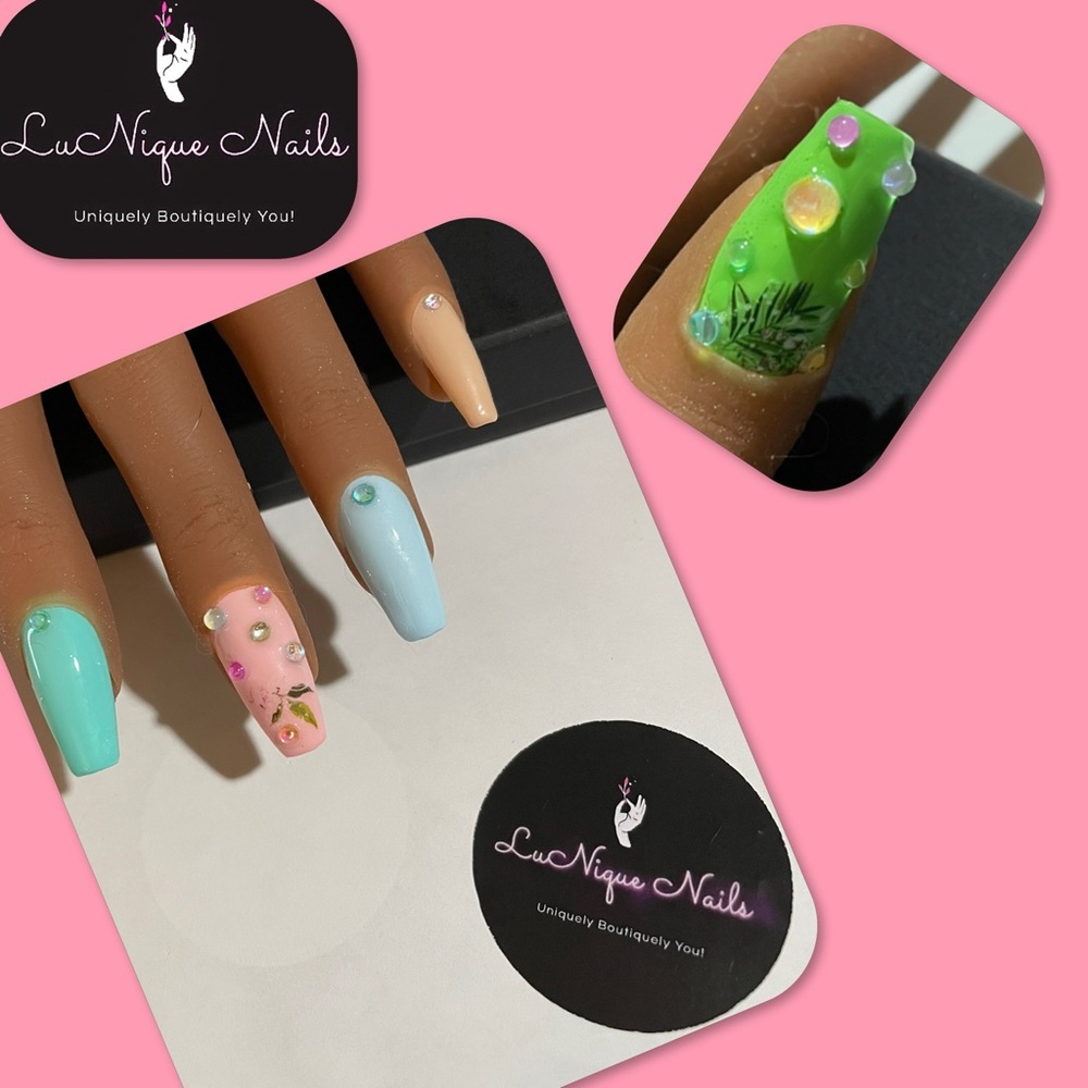 Pastels Galore Floral Handmade Press On Nail Set Milky Glass Gems Size XS